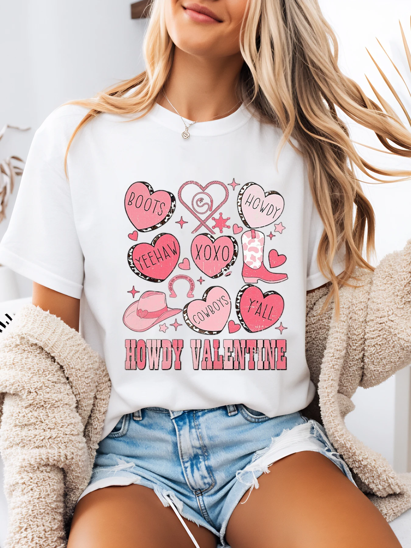 Botas de corazón Cowboy Yeehaw Howdy Camiseta con estampado de San Valentín Día de San Valentín Ropa casual para mujer Blanco Tallas grandes