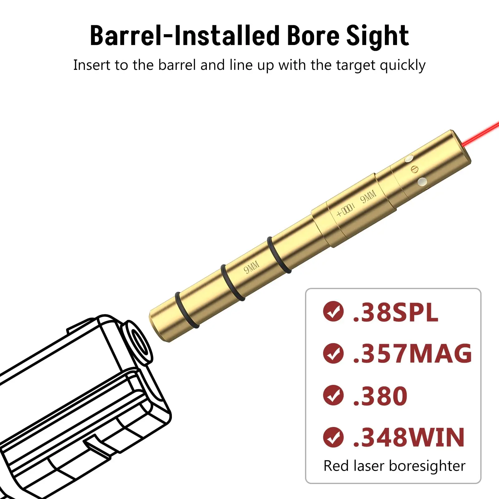 MidTen Laser Bore Sight for 9MM 380ACP .38SPL .357MAG End Barrel Boresighter with 4 Sets of Batteries and Spare O-Rings Airsoft