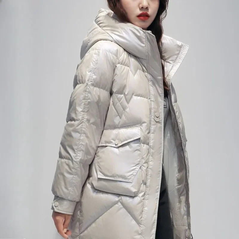 

Mid Long Styles Winter Jackets Woman 2025 New Glossy Fashion Loose Spliced Pockets Coat Female Casual Hooded Thickened Parkas