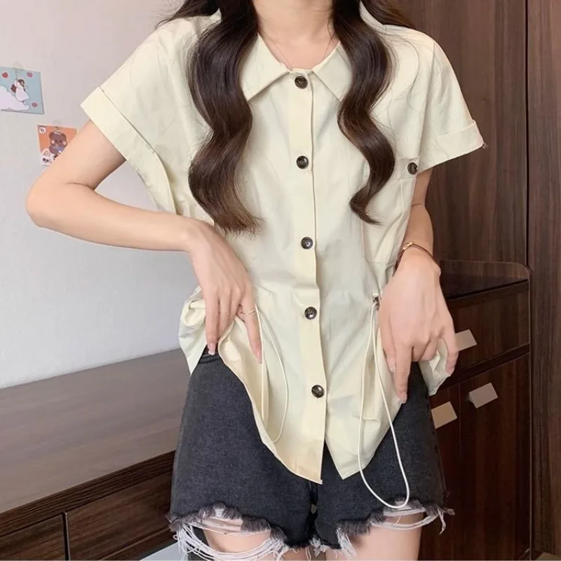 Fashion Safari Style 2024 Summer New Shirts Women\'s Solid Waist Retraction Drawstring Pockets Button Short Sleeve Casual Blouses