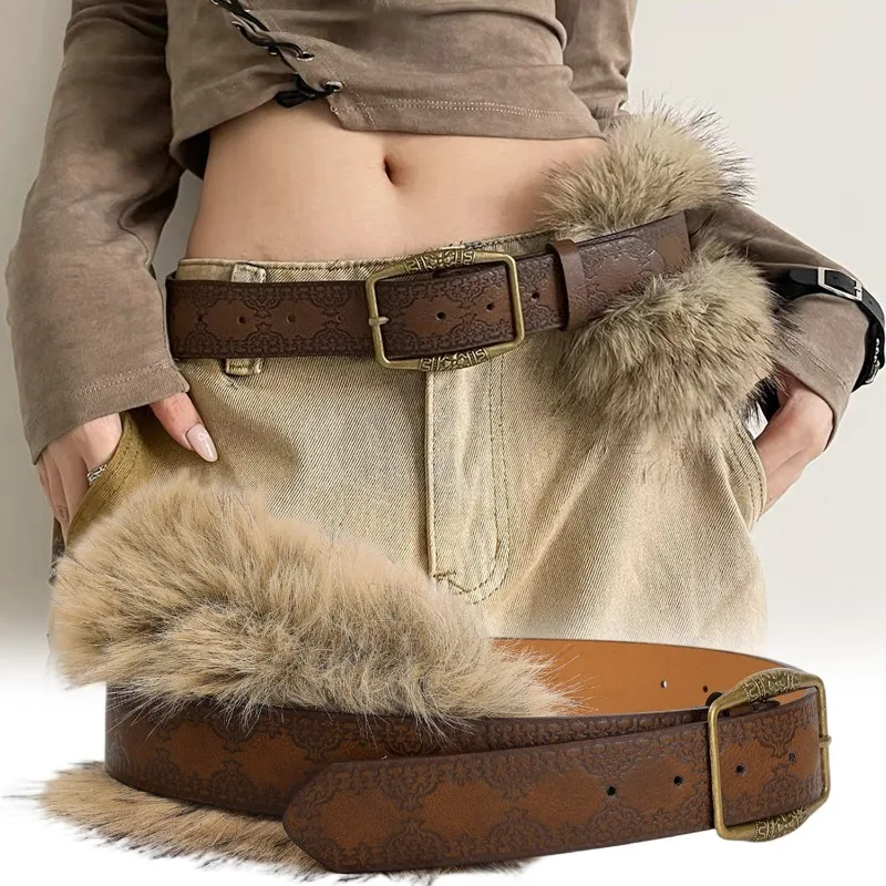 

Винтажный женский ремень Wasteland Y2K, плюшевый ремень из искусственной кожи для женщин и мужчин, регулируемый пояс из искусственного меха для джинсов, аксессуар в стиле панк