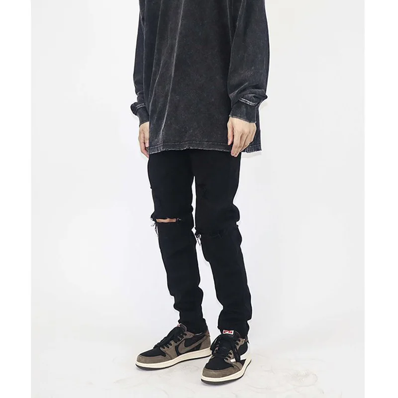 High Street Washing Slim Fit Tight Elastic Black Hole Fashion Streetwear Men's Summer Women Ripped Jeans Denim Pants