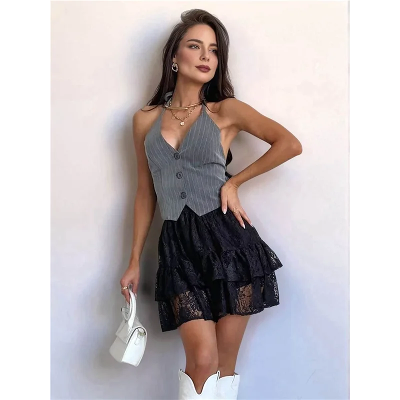 

ABRT-Женская мини-юбка Кружевные короткие юбки с высокой талией и рюшами