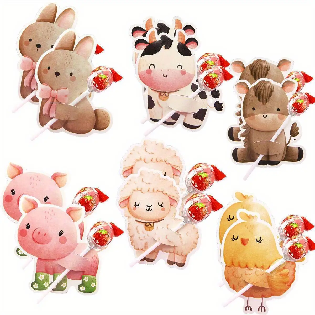 48 Stück Nutztier verpackte Lutscher-Cartoon-Schwein-/Schaf-/Kuhbonbons (mit Verpackung) Halter für alles Gute zum Geburtstagsparty-Dekorationen
