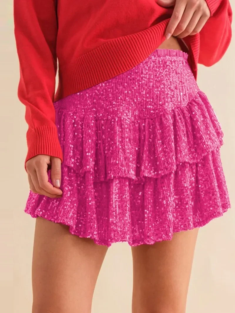 Jupe Plissée à Paillettes pour Femme, Taille artificiel astique, Tenue de ixde Noël, Sexy, Streetwear, Couleur Unie, Été