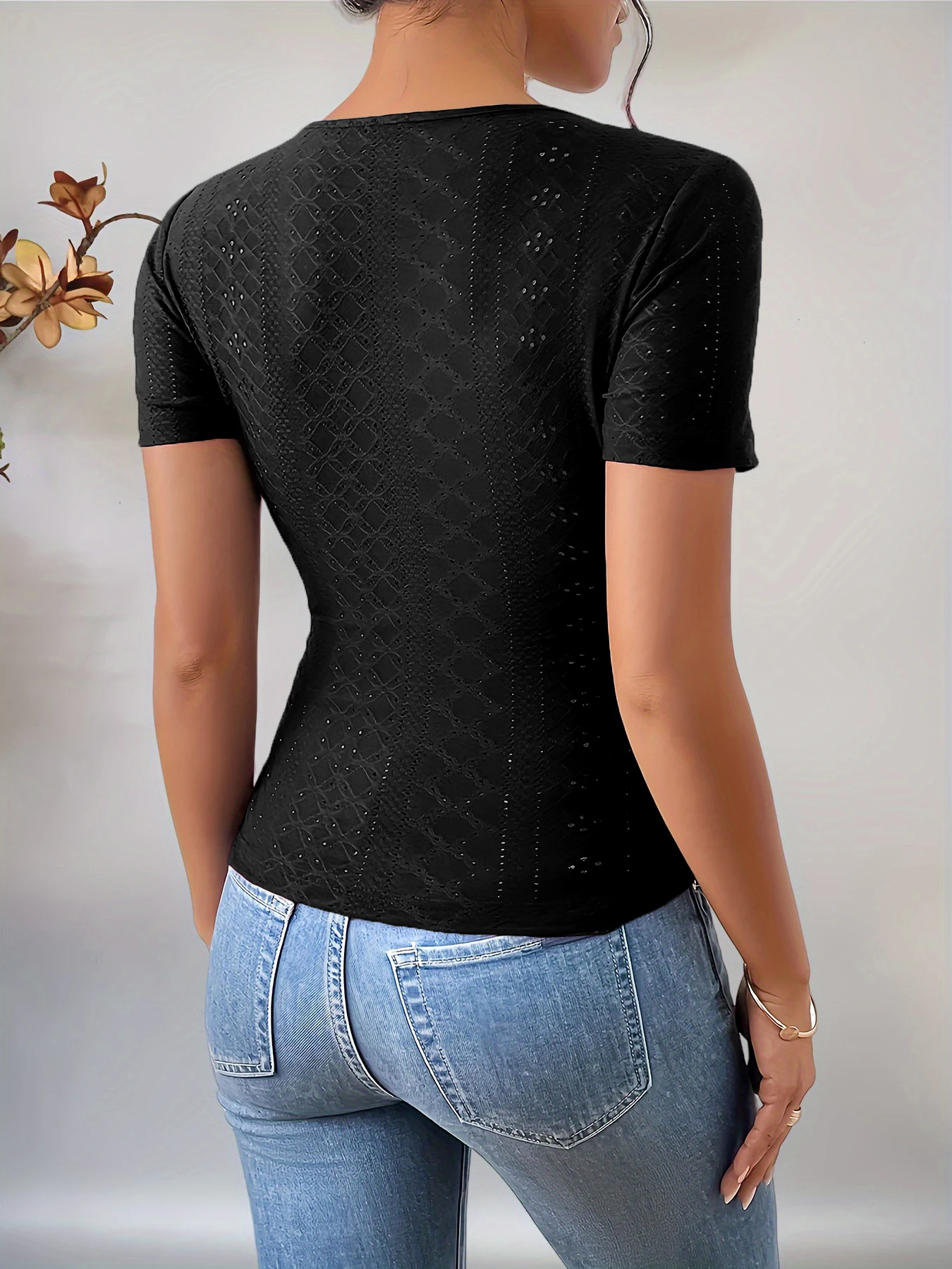 New Women's V-Neck Button Slim Casual Hollow Women's T-Shirt