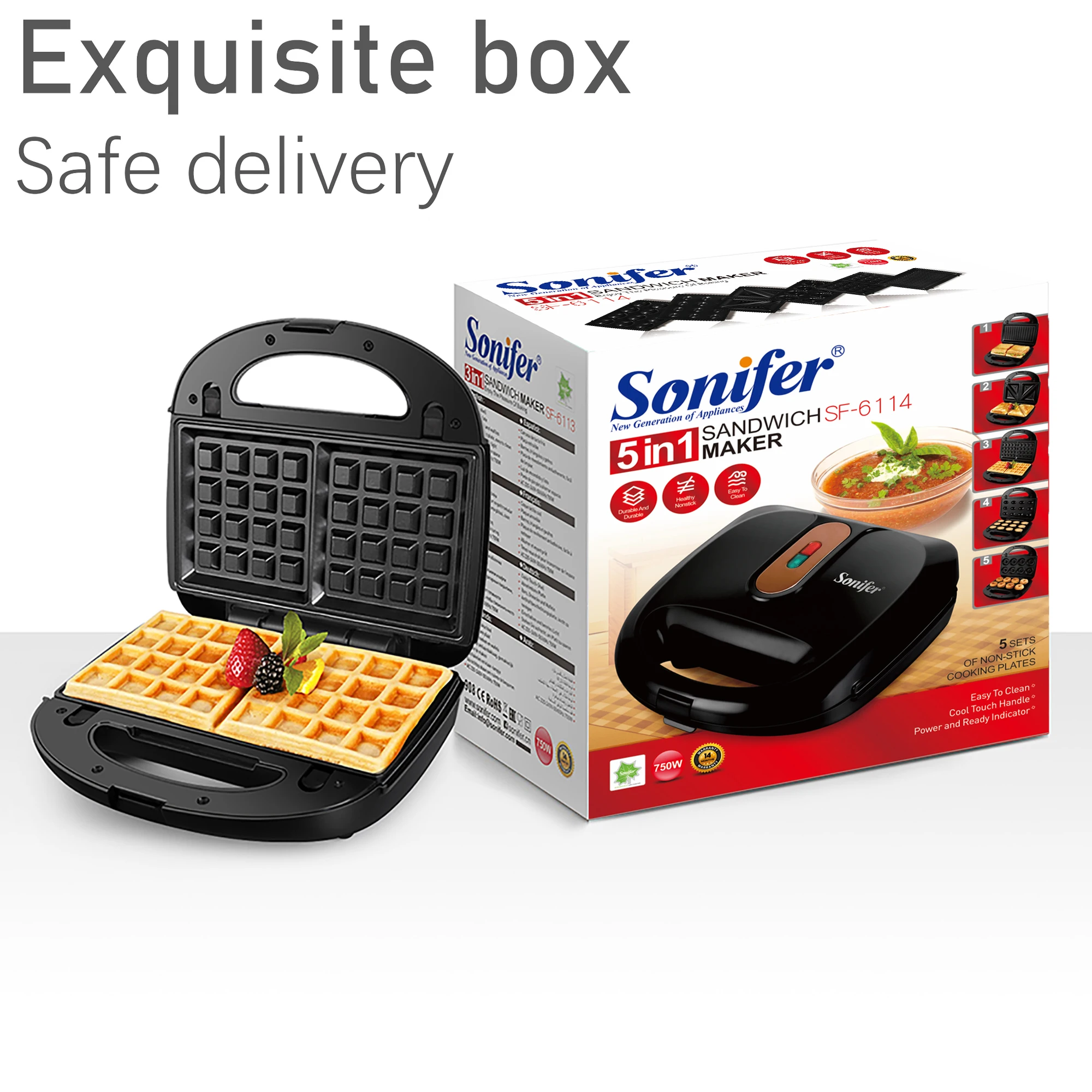 Electric Waffle Maker 5 In 1 Sandwich Maker Cooking Kitchen Appliances Breakfast Waffles Machine Non-stick Iron Pan Sonifer