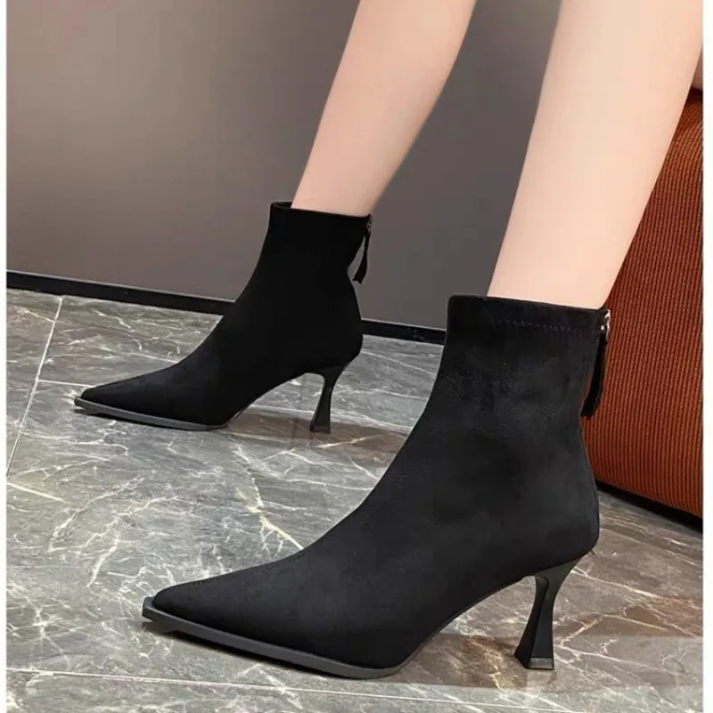 Women Leopard Print Boots Retro Pointed Chelsea Slim Boots Elegant Dress High Heels Shoes Sexy Female Boot Zapatos Para Mujeres