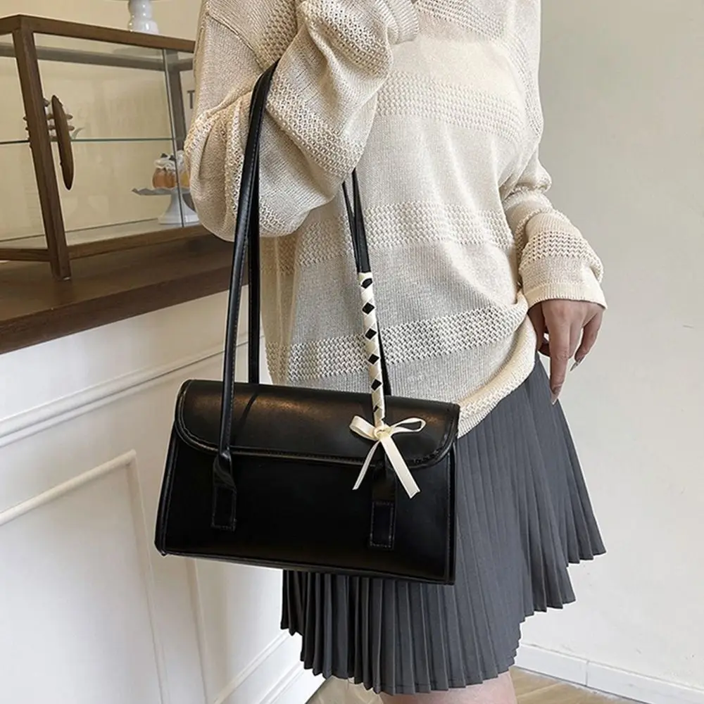 

Trendy Solid Color Bow Ribbons Shoulder Bag Pu Leather Leisure Large Capacity Underarm Bag Y2k Sweet Women's Handbag Ladies