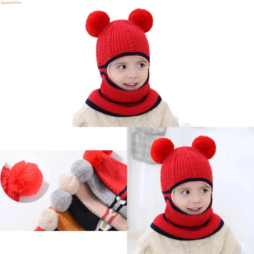 Q5WE Pom Pom Cap For Baby Head Warmer Kids Neckerchief Warm Winter Knitted Color Winter Hooded Hat Neckerchief
