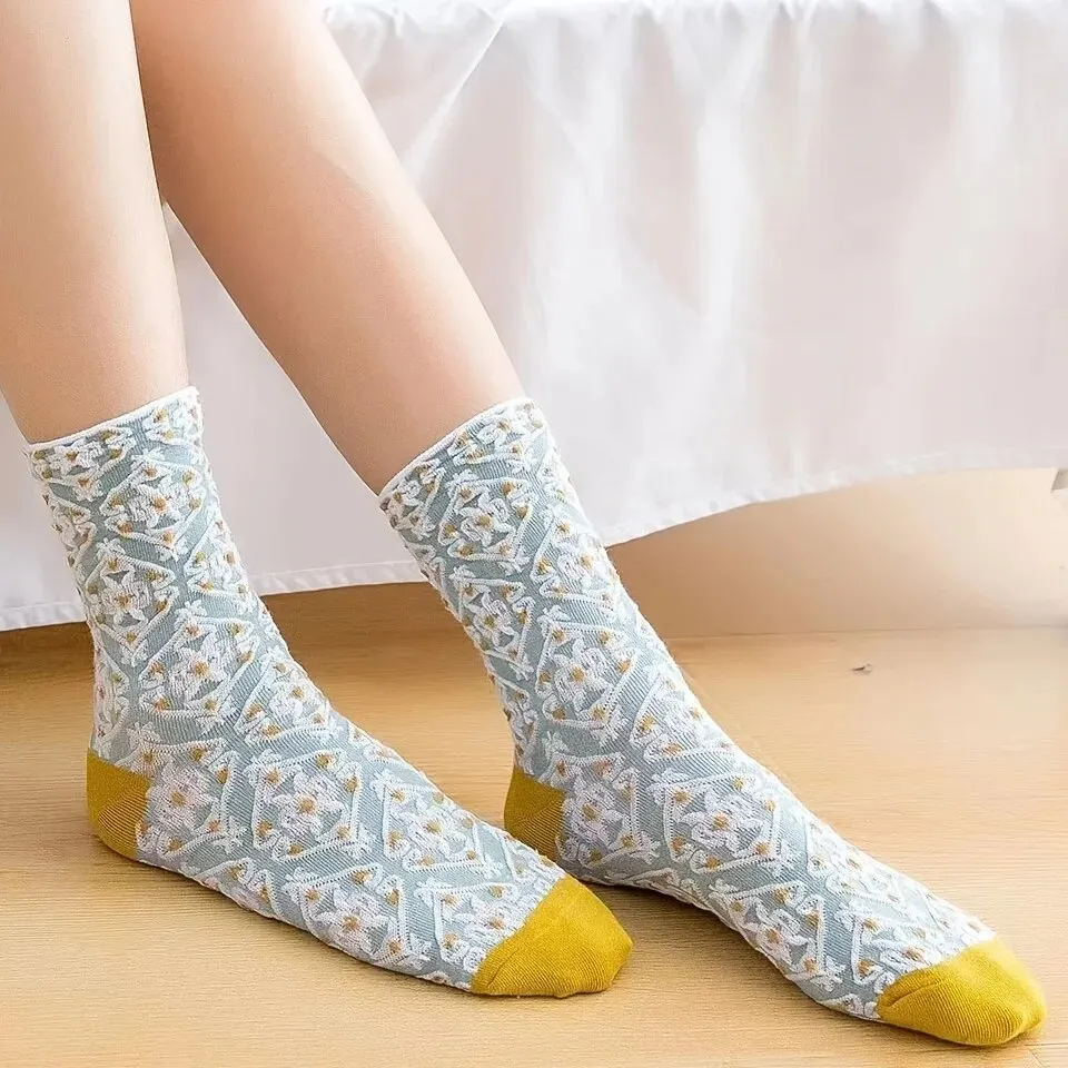 5 Pairs Floral Socks Set, Women Cute Flower Geometric 3D Textured Ankle Cotton Blend Cottagecore Lucky Socks