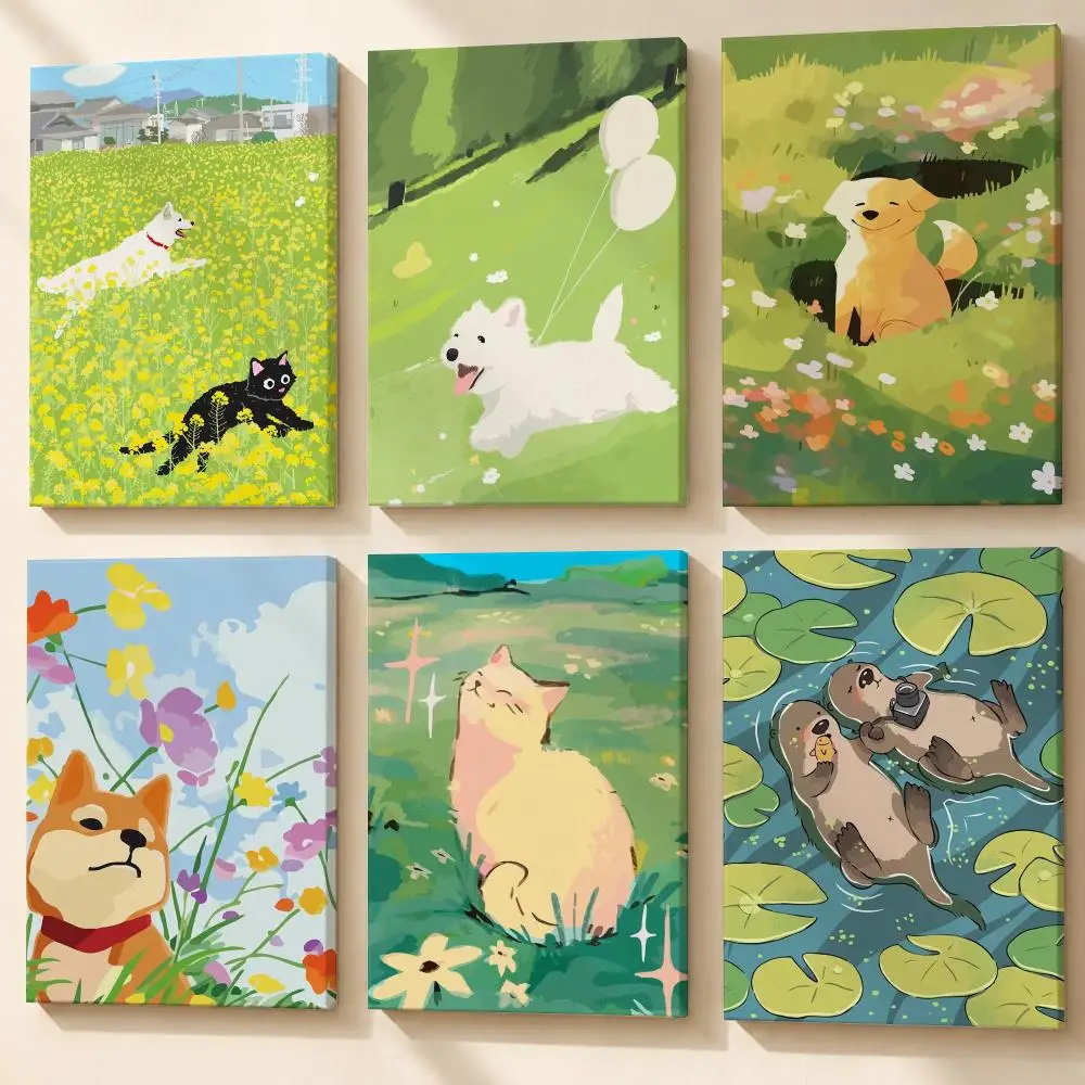 Happy Floral Animals Framed Wall Painting Ready to Hang Canvas Art Poster for Living Room Bedroom Home Decor Decals