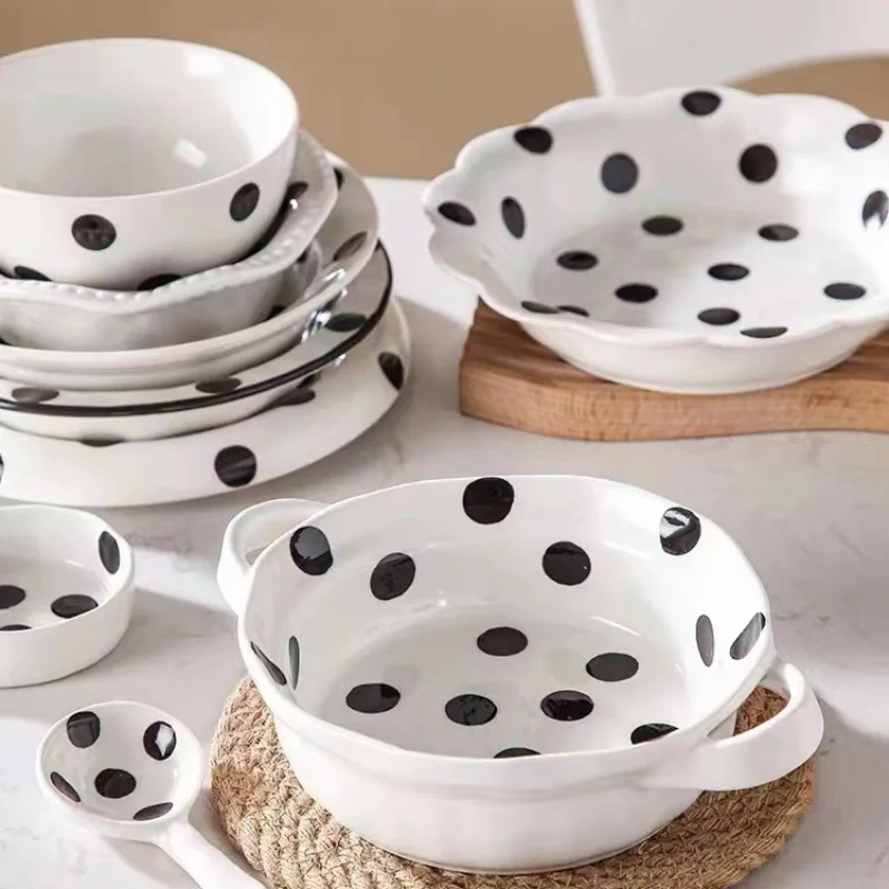 Creative Black Polka Dot Ceramic Dinner Plate Salad Bowl Home Breakfast Bowl Hotel Cooking Dish Porcelain Plate Kitchen Utensils