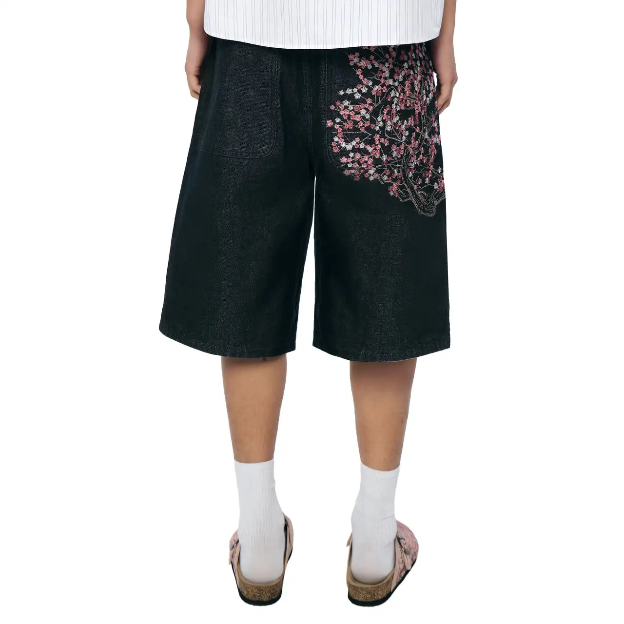 

Retro Cherry Blossom Pattern Embroidered Y2k Dt Leg Wide Leg Jeans Men and Women Short Street Jortenim Shorts Loose Straighs