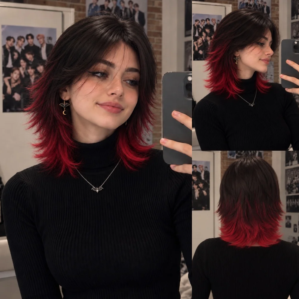 LOUIS FERRE Short Wolf Cut Wig Black to Red Ombre Layered Synthetic Wig for Women Heat Resistant Gothic Halloween Party Wig