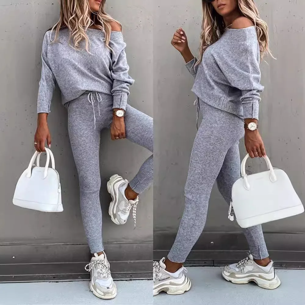 2025 Hot-selling Solid Color Fashion Casual Lace-up Slanted Shoulder Sports Trousers Long Suit Women's Europe The United States