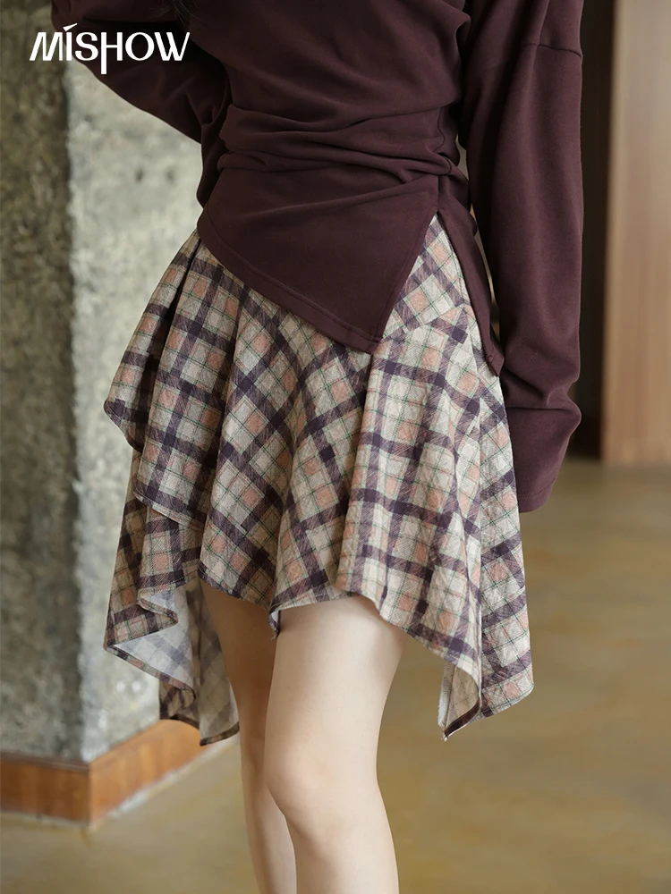 

MISHOW Purple Plaid Irregular Skirt for Women Autumn 2025 Linen Blend Invisible Zipper Short Skirt Ruffle Hem Skirts MXE42B2395