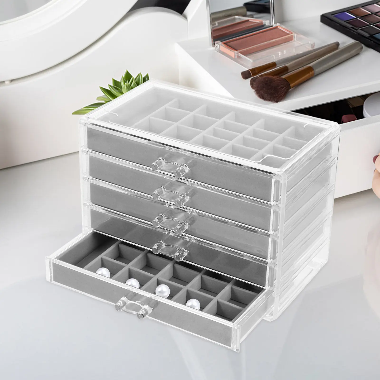 Clear Acrylic Jewelry Storage Organizer 5-Drawer Design for Earrings Rings Necklaces Bracelets Desktop Vanity Display Case