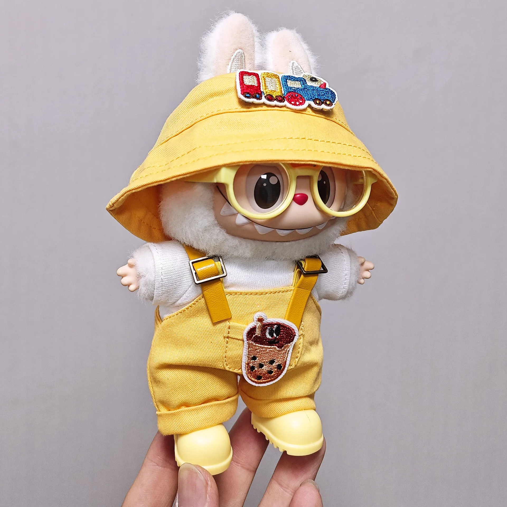 Conjunto de monos inspirados en Bubble Tea con sombrero con estampado de dibujos animados para muñeca de vinilo Labubu de 1a a 3a generación, ropa dulce para Labubu