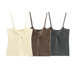 Willshela Women Fashion Solid Knitted Pleated Camisole Tops Vintage Thin Straps V-Neck Female Chic Lady Crop Top