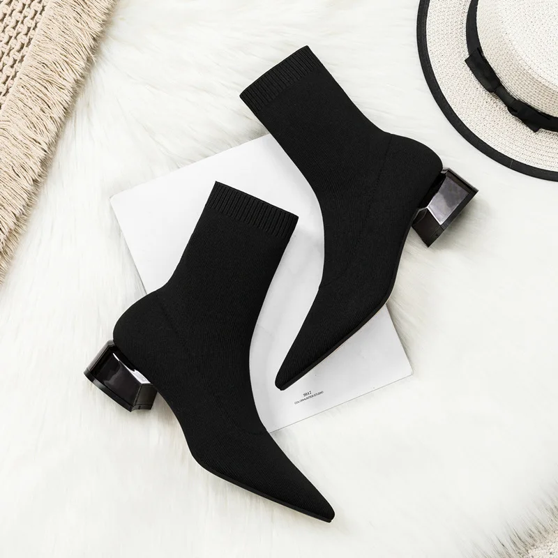 Women Dress Pointed Mid-heeled Ankle Boots Female  2023 Knitted Block Low Heels High Socks Shoes Botas Femininas Tendencia 2023