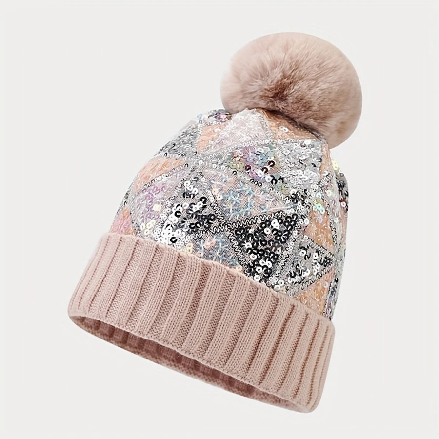 Colorful sequin knitted hat for women in autumn and winter, versatile on the streets, thickened warm fur ball, ear protection, a