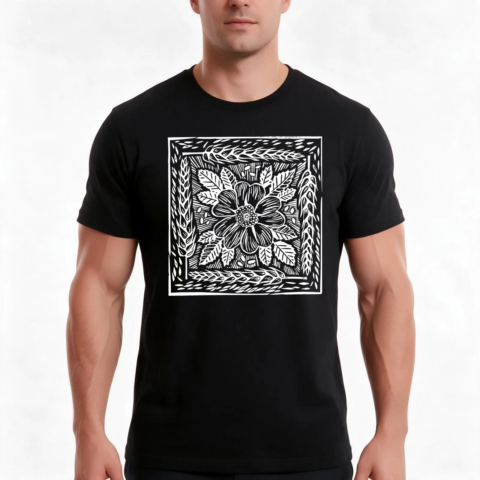Bread and Roses linocut image WHITE INK T-Shirt, Summer Casual Cotton Tee, Oversized Streetwear Tops, Vintage Graphic Print