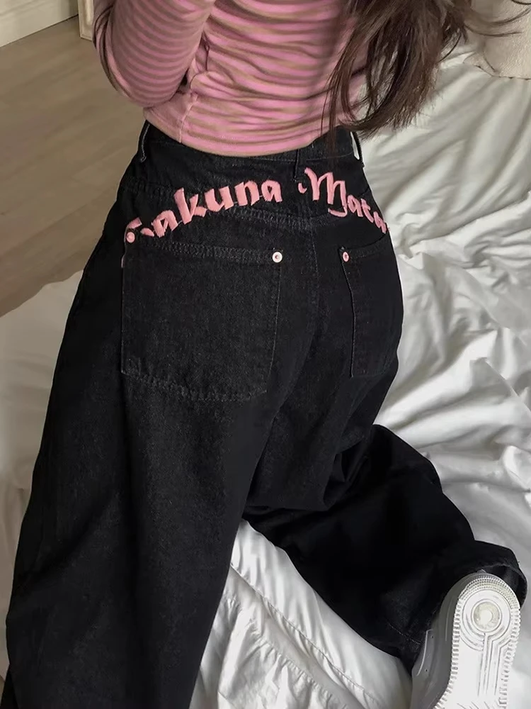 

High Waist Embroidered Letter Print Denim Pants Women's Spring New Sle Cool Sexy Long Trousers Casual Wide Leg Jeans