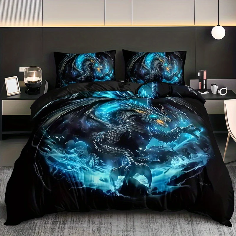 

Cool Blue Flame Black Dragon Duvet Cover Set 2/3pcs with 1 Duvet Cover And 2 Pillowcases Christmas Gift