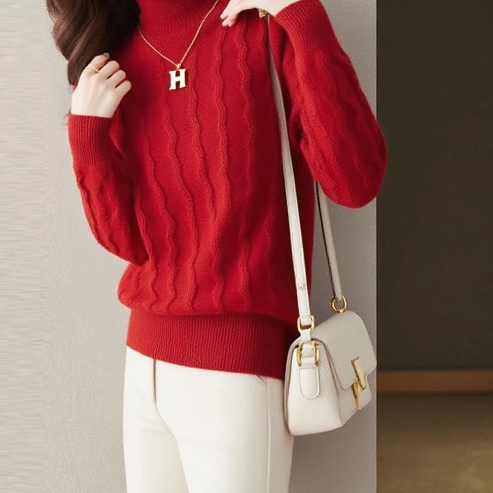 

Женская эластичная трикотажная рубашка с зубчатым узором, пуловер M-XXL, зигзагообразный однотонный свитер с длинными рукавами и полувысоким воротником, верхняя женская одежда