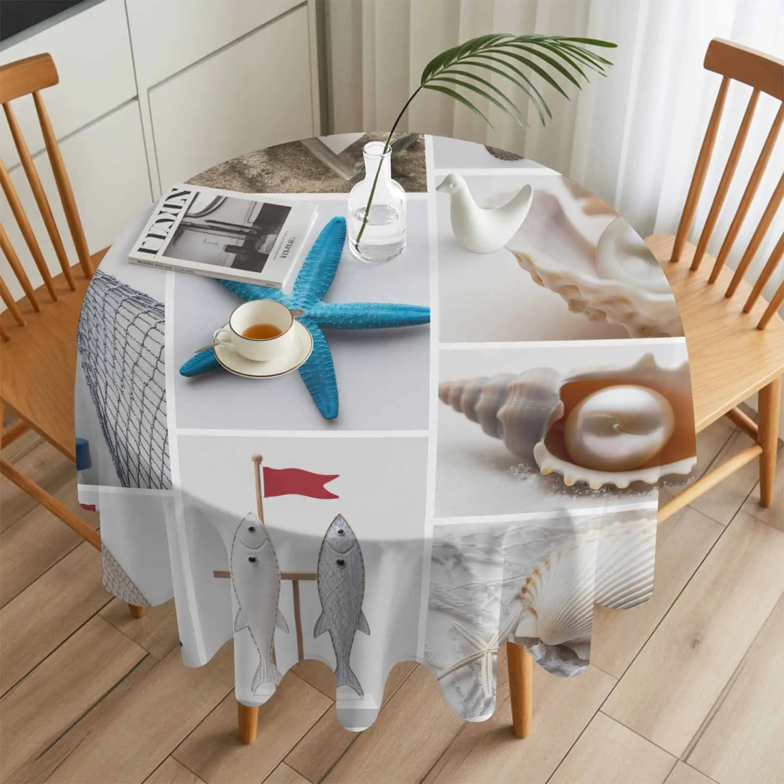 

Summer Ocean Starfish Shell Round Table Cloth Festival Dining Tablecloth Waterproof Table Cover for Wedding Party Decor