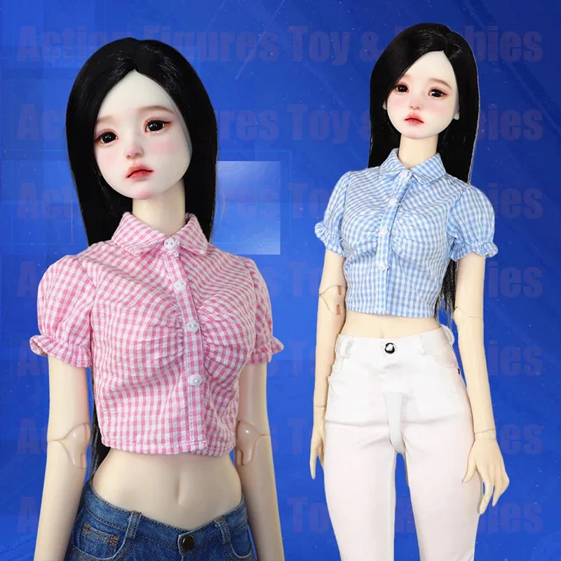 

【Only Clothes】1/3 1/4 Female College Style Bubble Short Sleeved Shirt Plaid Up Waist Blouse for BJD DD SD Action Figure Toys