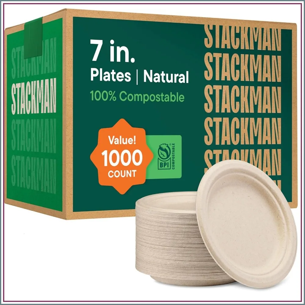 

1000 Pack 7" Compostable Paper Plates, Heavy-Duty Sugarcane, Natural Brown, Eco-Friendly Disposable