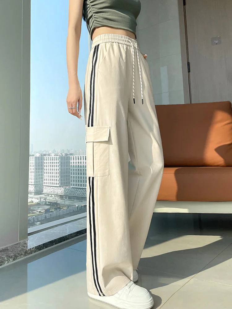 Cargo Baggy High Waisted Drawstring Pants Women's Casual Loose Straight Pantalones Wide Leg Striped Sweat Trousers Spodnie