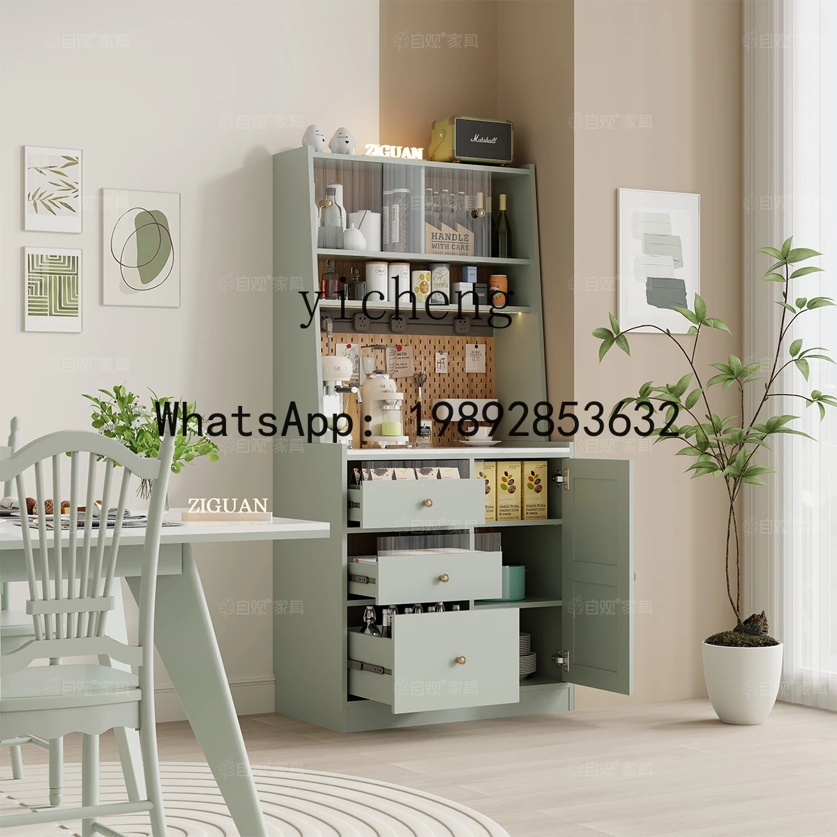 X4  Sideboard Cabinet Green Large Capacity with Wire-Wrap Board Storage Cabinet Corner Curio Cabinet