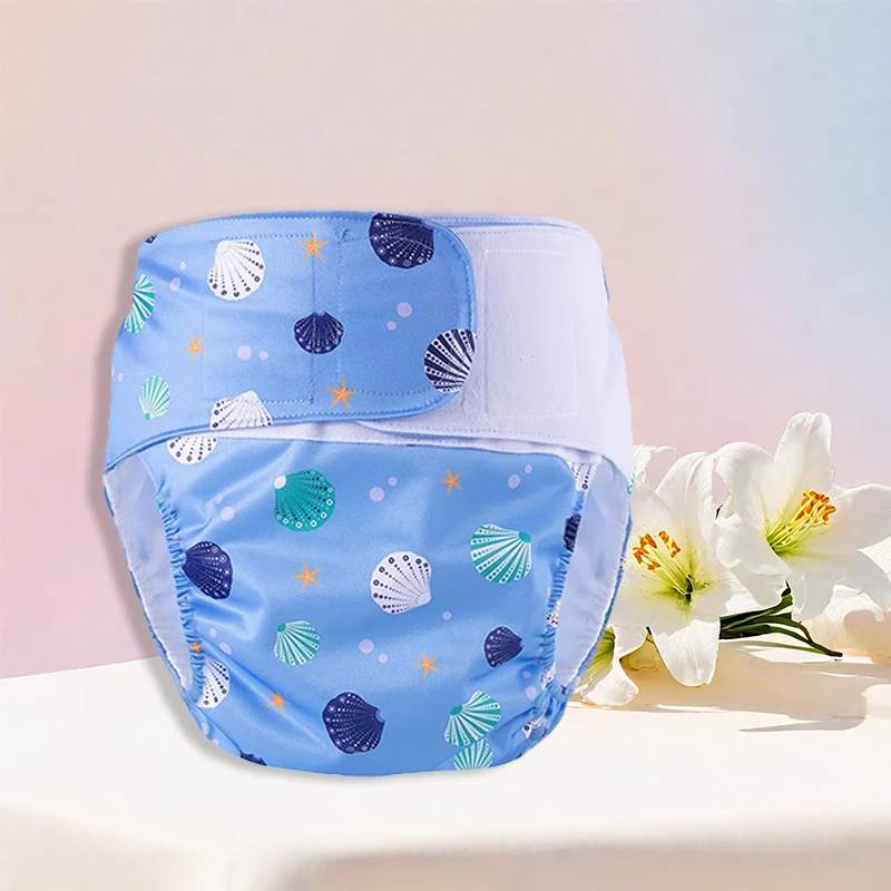 Printed Leg Leakproof Adult Cloth Diaper - Suede Cloth Lining, Adjustable Hook and Loop & Reusable Washable