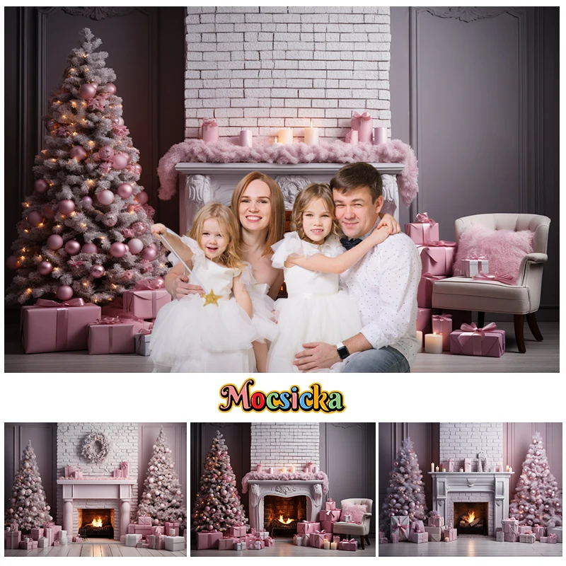 

Indoor Pink Christmas Fireplace Photography Background Kids Adult Family Portrait Backdrop Xmas Tree Gift Box Wreath Decor Props