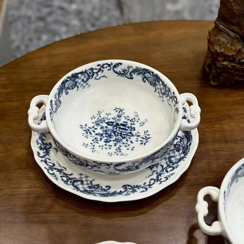 Vintage blue and white double ear bowl and plate,French ceramic coffee cup, exquisite tableware set,fruit and milk dessert plate