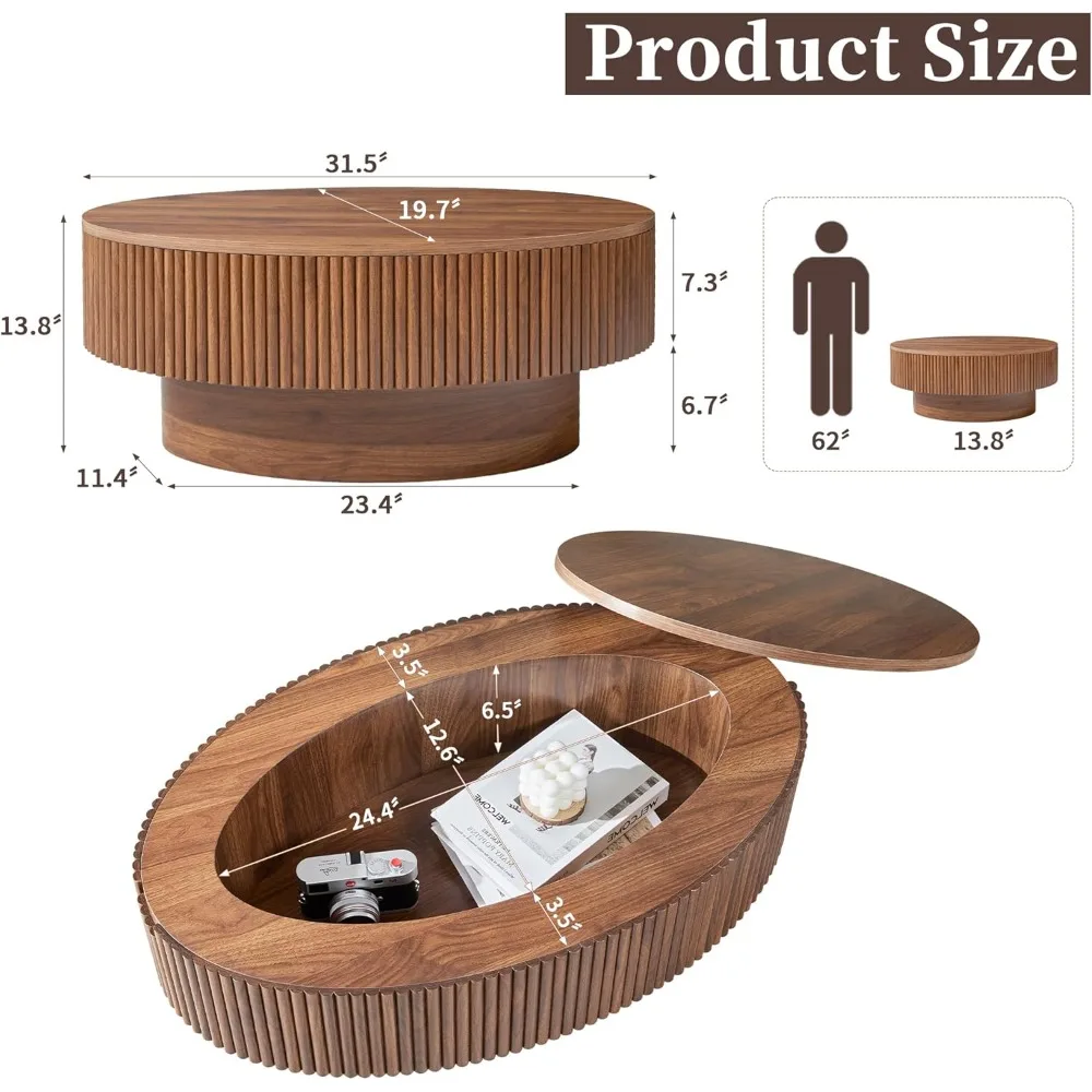 Coffee Table with Hidden Storage, 31.5 Inch Wide Modern Coffee Table, Center Table with Fluted Veneered, Accent Tea Table f