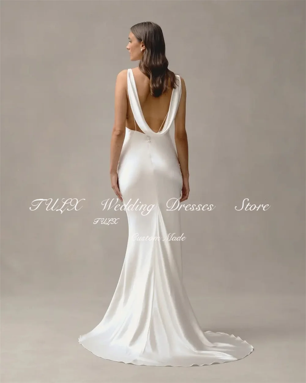 TULX-Robe de Mariée Sirène en Satin à Col Rond Simple pour Femme, Dos aux, Quelle que soit la Longue Traîne de Balayage Personnalisée