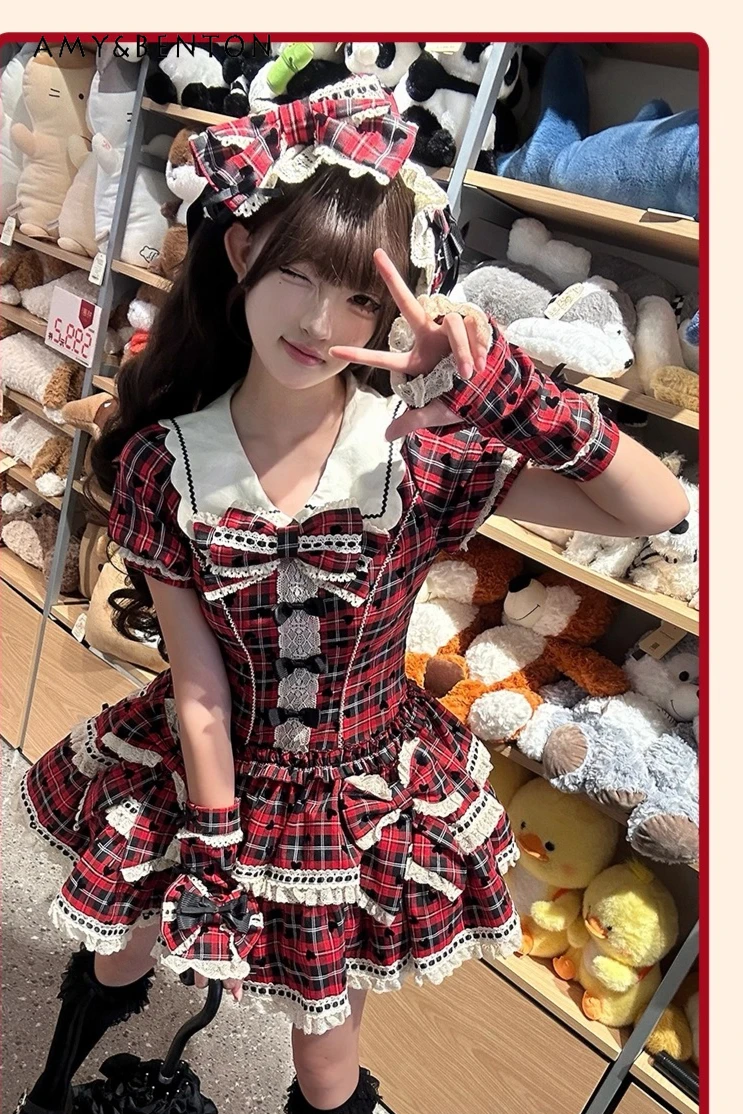 Robe bouffante à carreaux pour filles, manches bouffantes, coupe cintrée, col de poupée mignon, nœud, robe Lolita pour femmes, robes de soirée de princesse élégantes