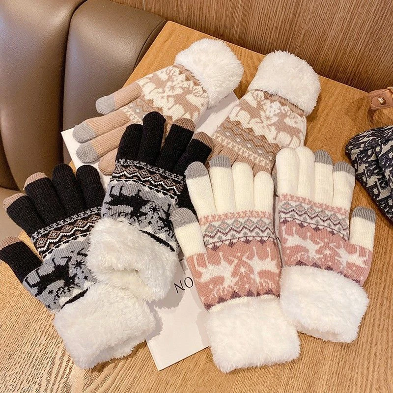 Christmas Reindeer Jacquard Knit Gloves Plush Cuff Thick Warm Gloves Autumn Winter Soft Coldproof Touchscreen Gloves