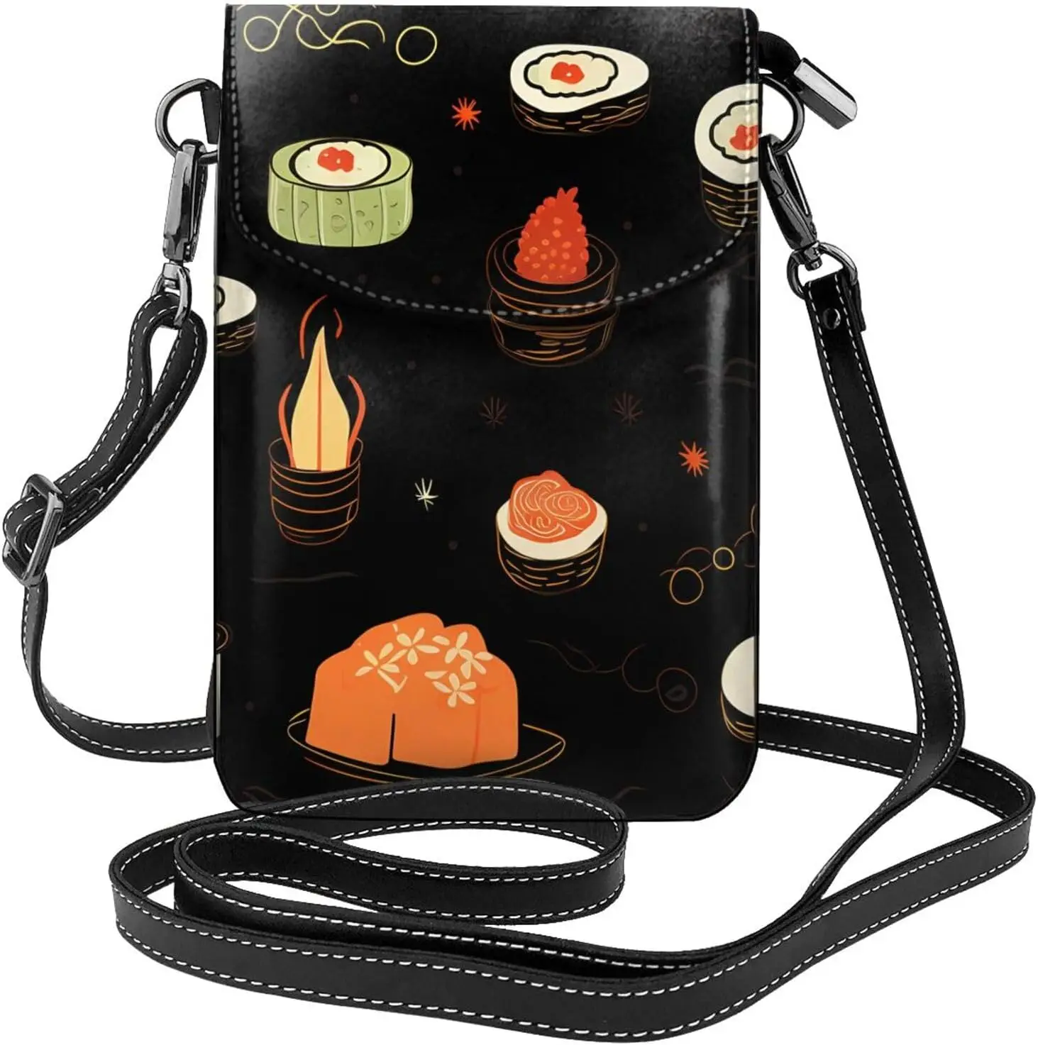 

Japanese Sushi Black Printing Leather Crossbody Flap Phone Case For Women, Perfect For Walking