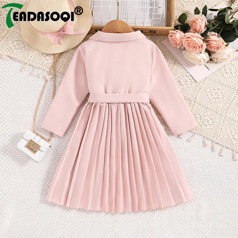 4-7Y Autumn Kids Clothing Girls Casual Trench Suit Long Sleeve Lapel Coat with Belt Pleated Skirt A-line Long Dress 2Pcs Sets