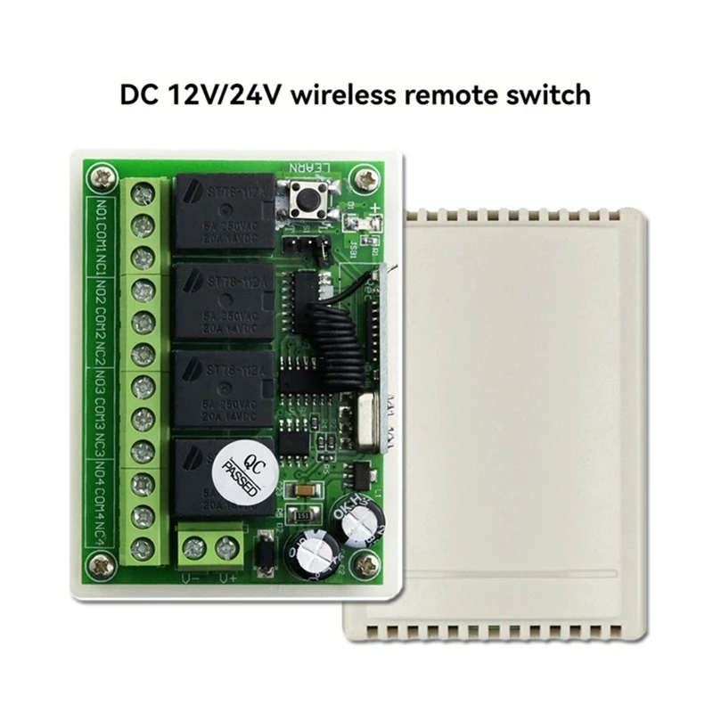 รีเลย์โมดูลรับสัญญาณ433MHz 12V 24V พร้อมเครื่องส่งสัญญาณ RF สวิตช์ควบคุมไร้สายสำหรับมอเตอร์ไฟโรงรถ DIY