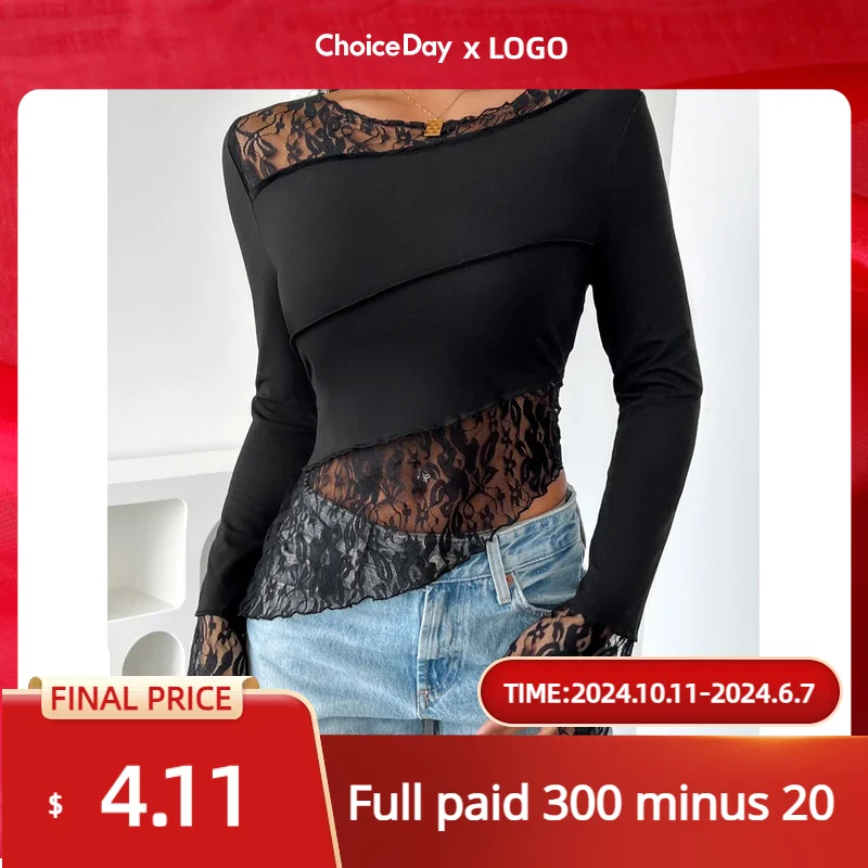 

Women's T-Shirts Casual Fashion Loose Lace Splice Long Sleeve Tops Irregular Slim Fit Commuting Autumn winter Fashion Solid Top