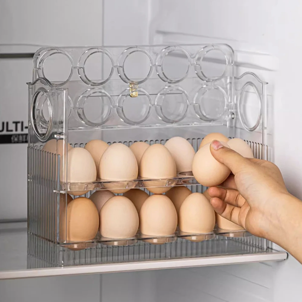 Egg storage rack, 3-layer automatic turning egg storage box, suitable for refrigerator, kitchen, 30 large-capacity storage boxes