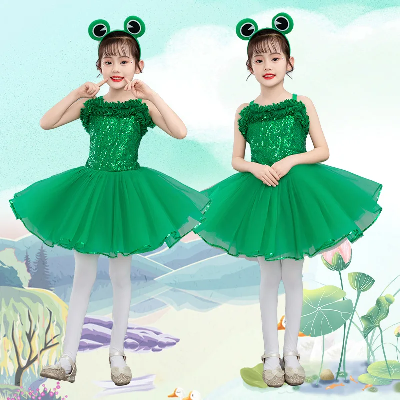 

Children's performance suit, little frog dance suit, sequined fluffy veil, green performance princess skirt