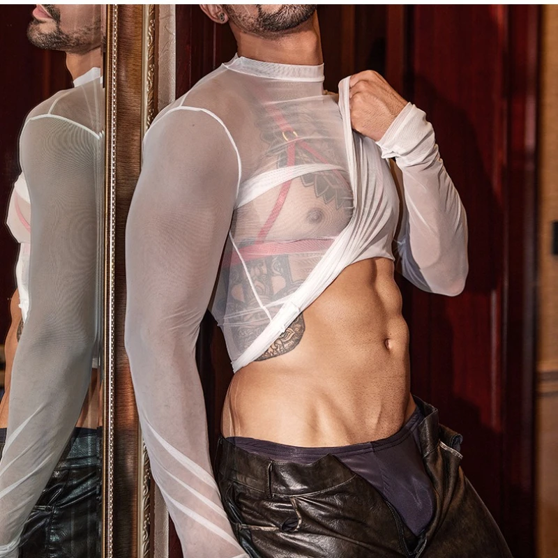 قمصان رجالي شفافة رفيعة للغاية ملابس داخلية للنوادي الليلية ملابس داخلية مثيرة بدون خياطة بلوزة تشكيل الجسم للعضلات قميص داخلي