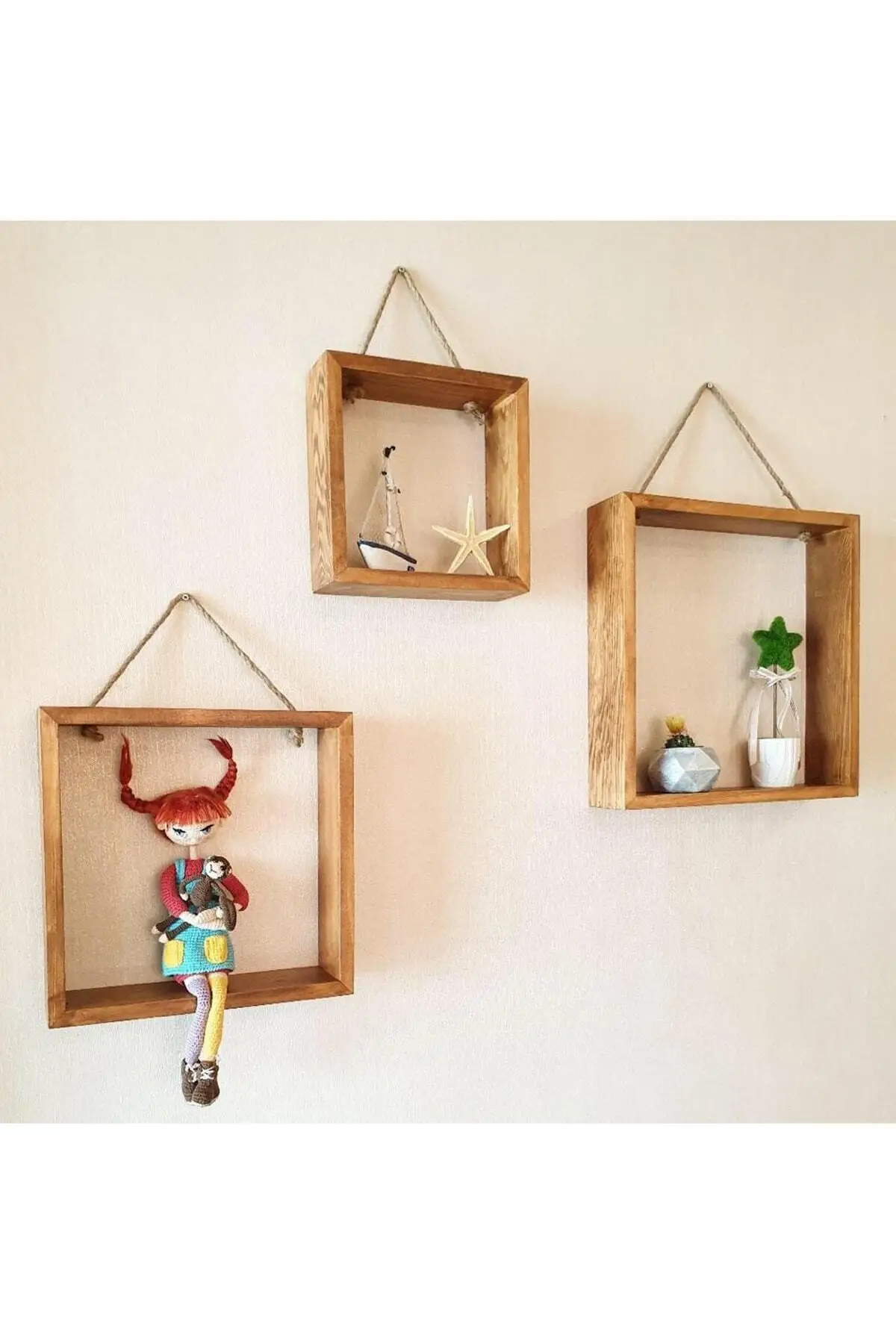 2021 decorative Rope Wall Rack Bookshelf 3 piece Wood brown bookshelf decoration living room home utensils Natural modern